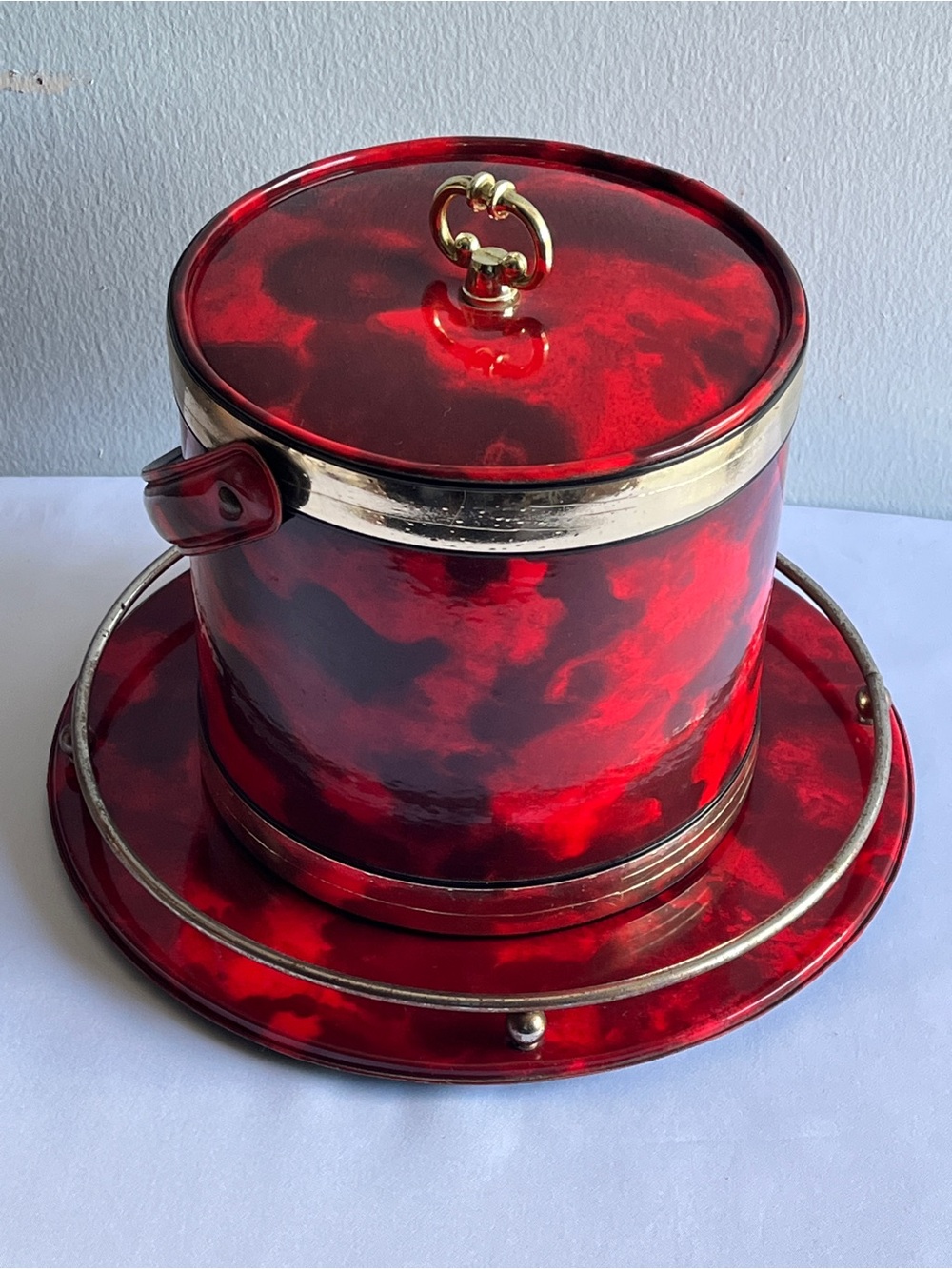 Kraftware MCM Vinyl Ice Bucket Tray Accessories Tortoise Brown Red Marble Print